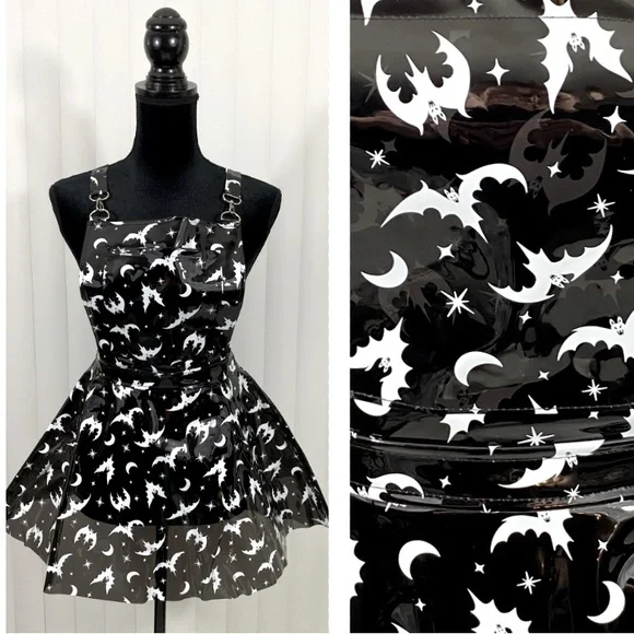 TRICKZ N TREATZ Bat My Lashes Print PVC Vinyl Mini Dress Bat Crescent Moon Black - Picture 1 of 14